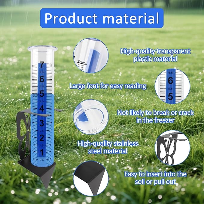 TBWHL Accurate Rain Gauge Outdoor,7" Rain Gauges Outdoors Best Rated with Stainless Steel Butterfly Shape Rack Holder, Thickened Plastic Large Precise rain Guage for Yard Fence Garden Lawn Farm