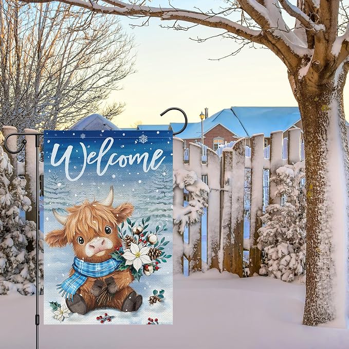 Heyfibro Welcome Winter Highland Cow Garden Flag 12x18 Inch Double Sided Burlap, Christmas Flower Pine Snowflake Snow Yard Flags for Seasonal Xmas Outside Outdoor Decoration (ONLY FLAG)