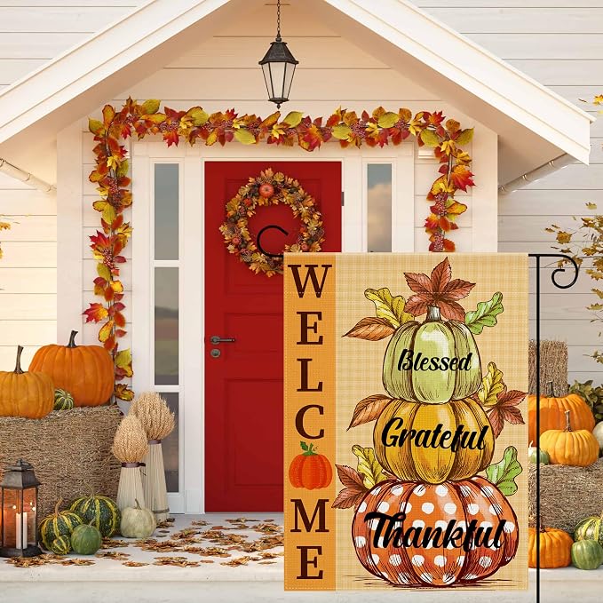 OHOME Fall Decorations for Home - Fall Garden Flag | Double-Side Autumn Decor for Outdoor Indoor Outside - Friendsgiving Welcome Backdrop Banner for Garden Porch Patio Lawn Yard,12x18 Inch