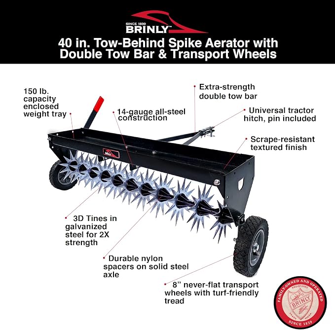 Brinly SAT2-40BH-P Tow Behind Spike Aerator with Transport Wheels, 40" - Hammered Black