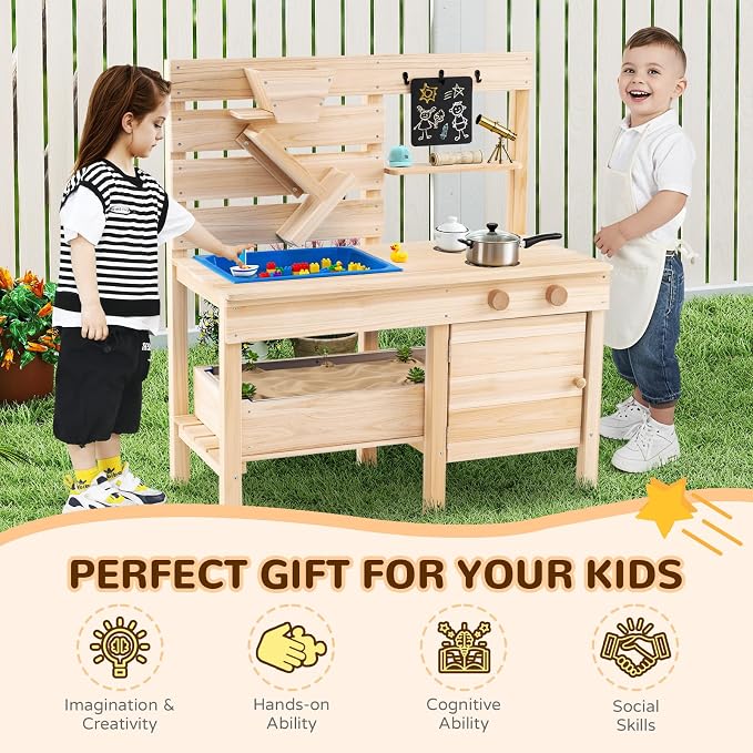 Costzon Mud Kitchen for Kids, Outdoor Play Kitchen w/Detachable Sandbox, Stoves, Sink, Chalkboard, Sand Funnel & Storage Shelf, Wooden Mud Table, Backyard Garden Toy Gift for Boys Girls Aged 3-8