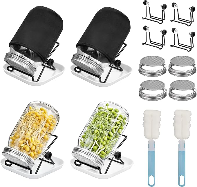 4 Pack Sprouting Jar Kit with Wide Mouth Mason Jars, Sprouting Lids, Stands, Drip Trays and Brushes, Seed Sprouter Set for Growing Broccoli, Mung Bean and Fresh Sprouts for Indoor Kitchen Use