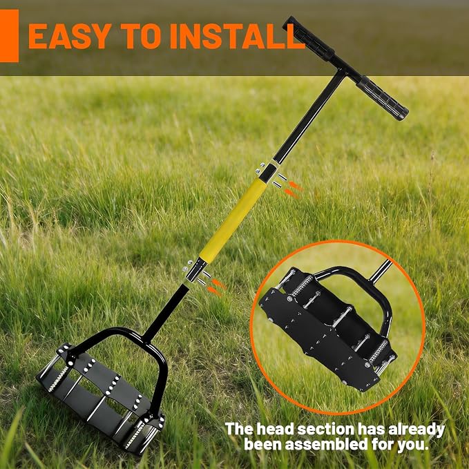 Standing Lawn Aerator with 17 Spikes, 39.37" Carbon Steel Soil Aerator Tool Wide 11.8"x4.72" Base & Includes Gloves for Effortless Soil Loosening and Yard Aeration
