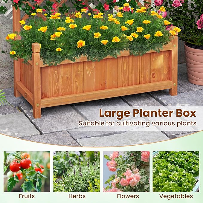 Giantex Raised Garden Bed with Trellis, 60" Wooden Planter Container with Drainage Holes, High Trellis for Plant Flower Climbing Pot Hanging, Indoor & Outdoor Planter Box for Yard Garden Balcony