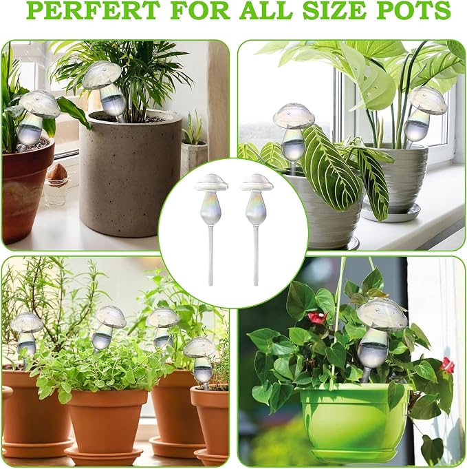 Plant Watering Globes, 4PCS Self Watering Globes Made from Hand-Blown Glass, Iridescent Glass Mushrooms Plant Self Watering Devices, Automatic Watering System for Potted Plants