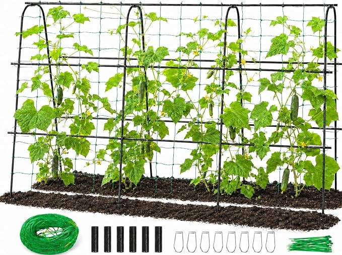 FOLLOOK Cucumber Trellis for Raised Garden Bed, Rustproof Metal Garden Arch Trellis for Climbing Plants Support Outdoor Fruit Grape Vine Vegetable Tomato Bean Pea Trellis, 63x48inch, Black