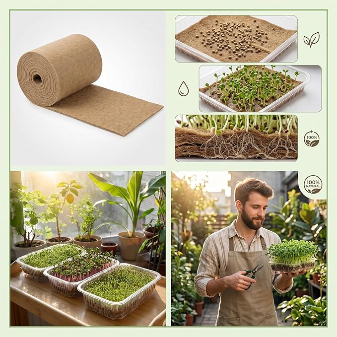 10" x 236" Organic Microgreens Growing Mat, Natural Jute Fiber Grow mats, Organic Hydroponic Pads, Breathable Grass Seed mat for Germination Trays, Wheatgrass Sprouts Microgreen, Seed Starter