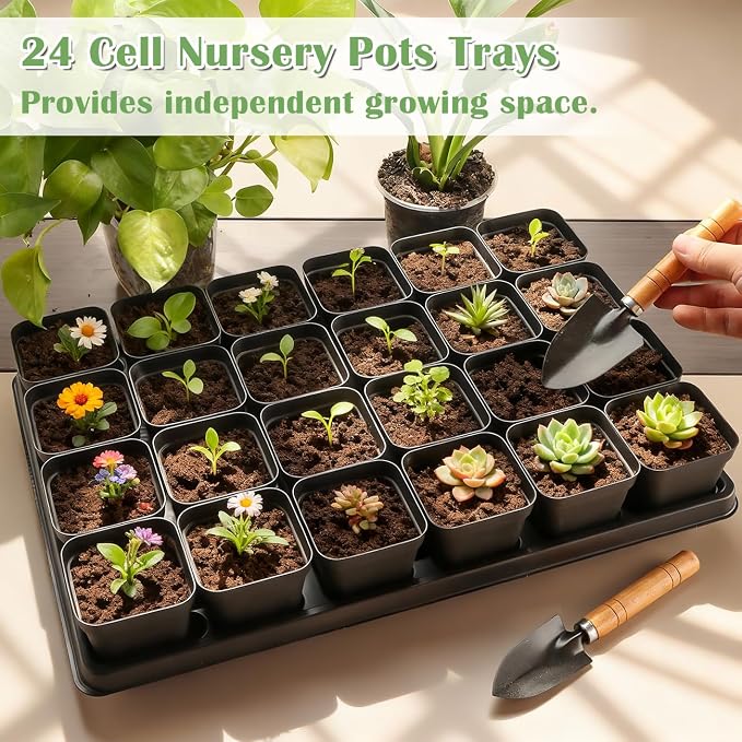 RooTrimmer 5 Pack 24 Cell Nursery Pots Trays with 2.8 inch (7CM) Square Nursery Pots 120pcs (Black), Plastic Seed Starter Tray with Drain Holes for Carrying and Holding Plant Pot(17"x11"x1.6")