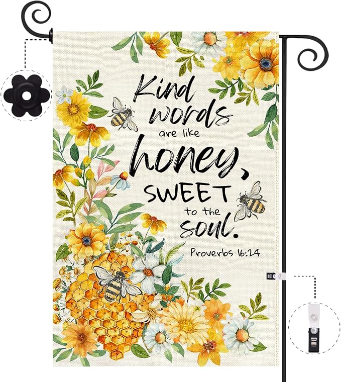 Baccessor Summer Bee Garden Flag 12.5x18 Inch Double Sided Burlap, Kind Word Honey Sweet Yellow Floral Flowers Holiday Front Yard Lawn Outdoor Outside Decoration