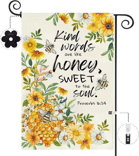 Baccessor Summer Bee Garden Flag 12.5x18 Inch Double Sided Burlap, Kind Word Honey Sweet Yellow Floral Flowers Holiday Front Yard Lawn Outdoor Outside Decoration