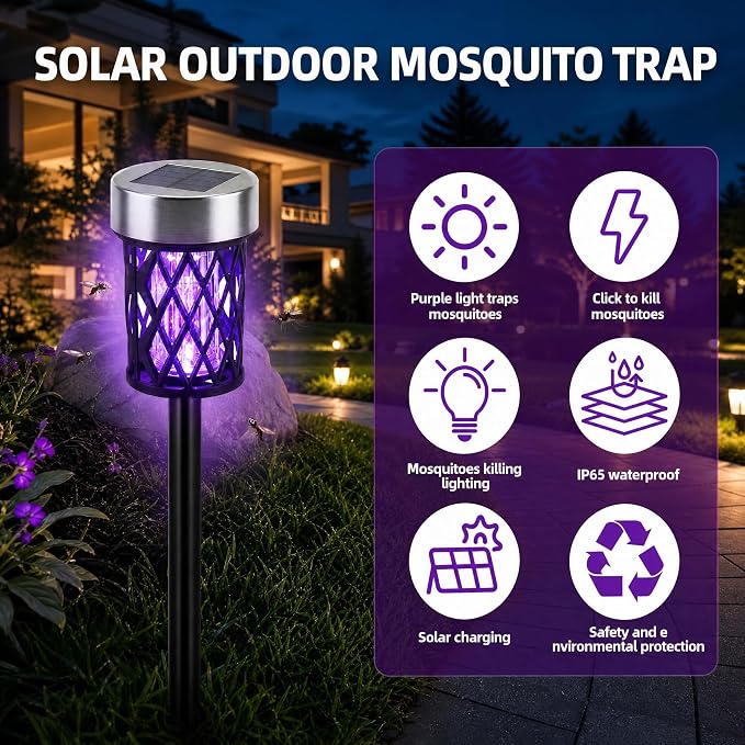 2026 Solar Bug Zapper Outdoor Waterproof Mosquito Repellent Outdoor Patio Mosquito Trap & Killer for Garden Farm Backyard Solar Powered Fly Zapper for Small Flying Insect, Gnats, Flies, Moths (4)