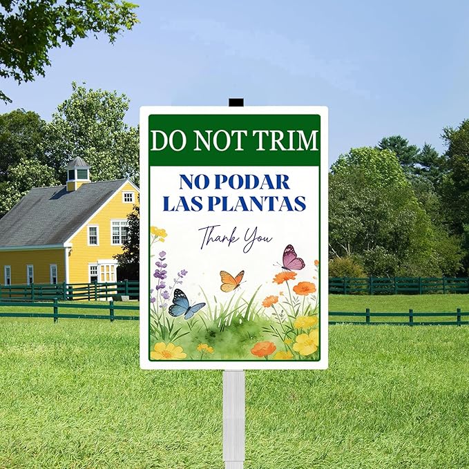 Do Not Trim No Podar Las Plantas Yard Sign With Stakes in English and Spanish Do Not Mow Rustproof Reflective Aluminum Pollinator Friendly Garden Sign Stand Outdoor 8X12 IN