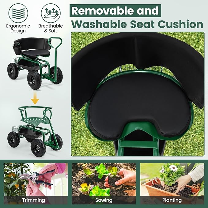 IRONMAX Garden Cart with Seat, Gardening Rolling Stool Scooter with All-Terrain Wheels, Adjustable Steering Handle & Removable Cushion for Planting, Outdoor Gardening Work Seat for Patio, Yard (Green)