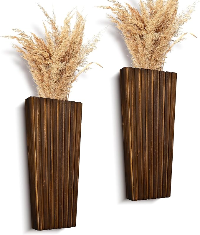 2PCS Wood Wall Planter for Indoor Plants, Wooden Hanging Planter for Dried Flowers and Artificial Greenery Plants, Modern Farmhouse Wood Wall Decor for Living Room,Bedroom,Bathroom(Dark Brown)