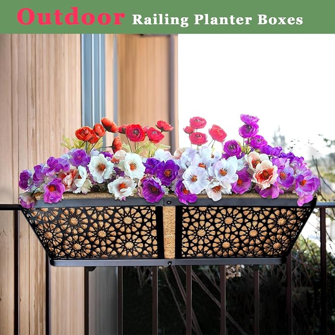 ZeeDix Railing Planter Boxes, 24 Inch Window Flower Box Planters with Coco Liner & Adjustable Brackets for Deck Porch Fence Patio Balcony Gardening Outdoor Plants (2 Pack)