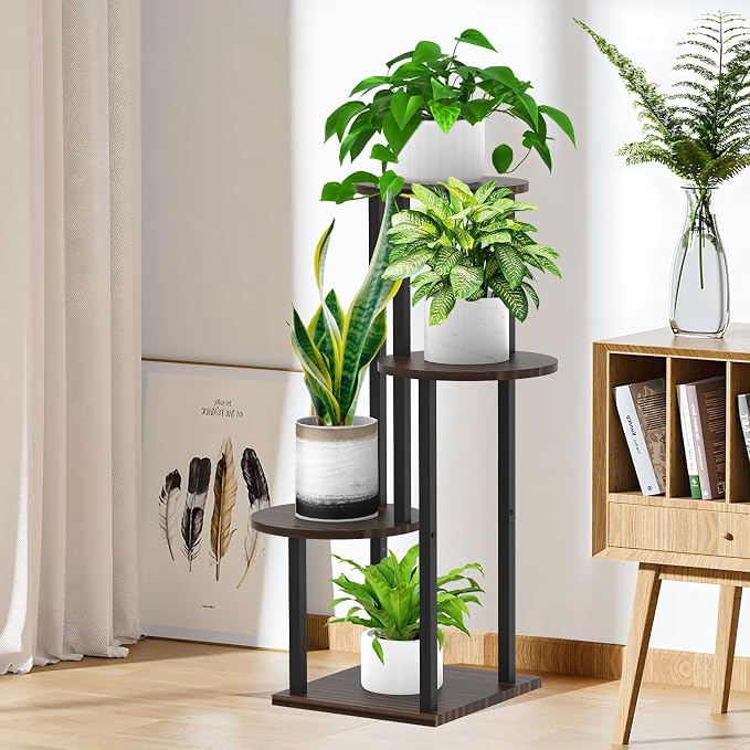 4 Tier Wood Tall Plant Stand Metal Rack Indoor, Multiple Flower Pot Holder Shelves Corner Rack, Round Planter Shelf Display Rack Storage Organizer for Patio Living Room Balcony(Black+Oak)