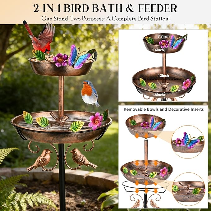 43" Bird Bath and Feeder for Outside 2-tier, 12" and 8" Dia Double Removable Bird Baths Outdoor, Vintage Water Bowl Birdbaths, Garden Patio Lawn Decor with Butterfly and Floral Bird Border Decorative