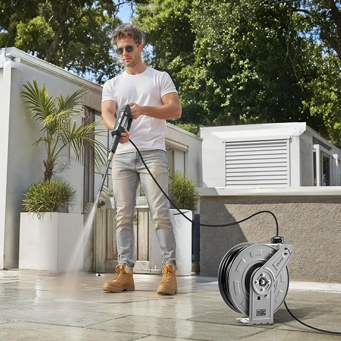 VEVOR Pressure Washer Hose Reel, 65 ft x 1/4 inch Retractable Power Heavy-Duty Steel Washer Hose Reel, 3200PSI Max, Auto-Rewinding, Flexible Wall/Floor Mounted for Car Washing,Garden,Floor Cleaning