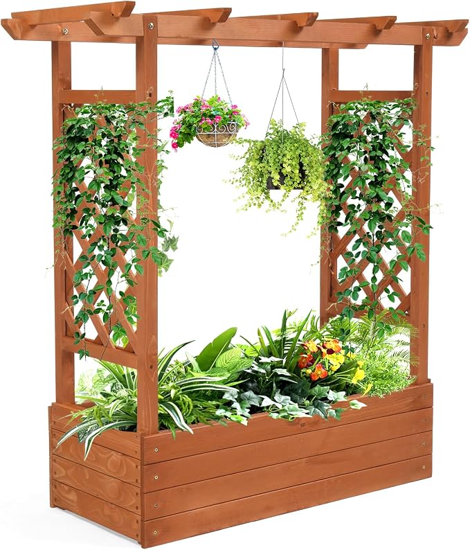 VINGLI Raised Garden Bed with Trellis & Hanging Roof, Wooden Elevated Planter Box with Drainage Holes for Outdoor Climbing Plants Vegetables Flowers, Patio Yard Balcony (Teak, Medium)