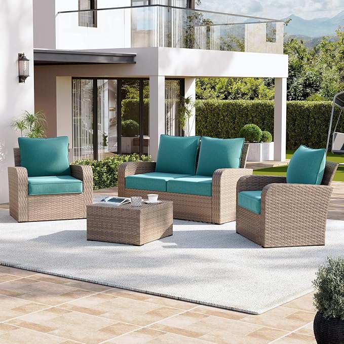 Aoxun Replacement Cushions for Outdoor Furniture, 4-Piece Outdoor Cushions for Patio Furniture, Deep Seat, Waterproof & Fade Resistant Couch Cushion for 4-Seat Patio Conversation Sets, Sky Blue