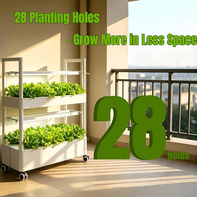 2-Tier 28-Hole Hydroponics Growing System with LED Grow Lights, 5.28Gal Indoor Hydroponic Grow Kit with Automatic Water Circulation, 4 Wheels for Vegetables, Herbs, Lettuce, White