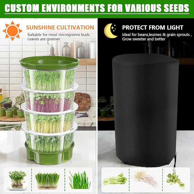 4-Tier Sprouts Growing Kit with Drain Hose & Ventilation Holes, Stackable Microgreens Growing Sprouting Trays Including Blackout Cover, Soil-Free Sprouter for Planting Broccoli Alfalfa Bean Seeds