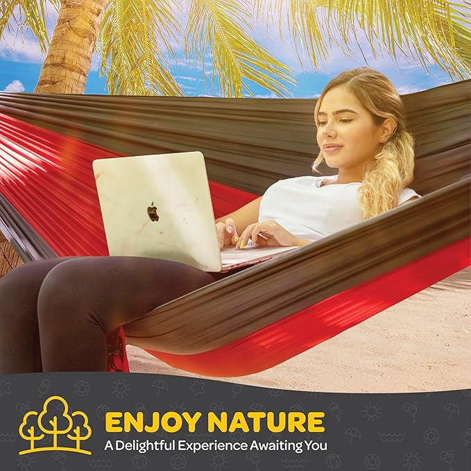Durable Hammock 400 lb Capacity, Nylon Camping Hammock Chair - Double or Single Sizes w/Tree Straps and Attached Carry Bag - for Travel/Backpacking/Beach/Backyard (Medium, Orange & Light Grey)