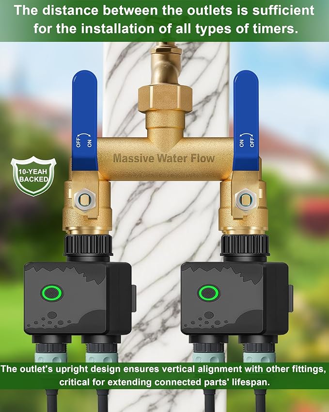 Hose Splitter 2 Way Heavy Duty, Full Flow Garden Hose Splitter with 2 Long Metal Handles, Brass Rust and Freeze Resistant Water Hose Bib Splitter, T Adapter Connector with 3/4 - Inch GHT Thread（Blue）