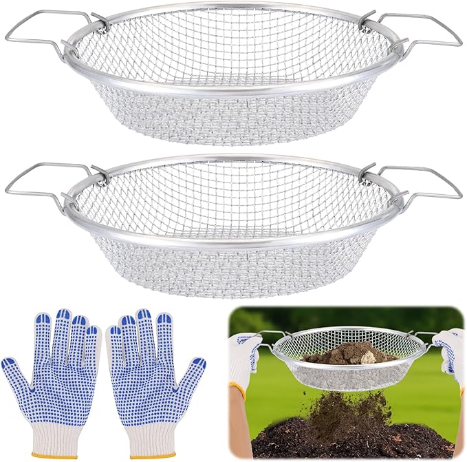 2PCS Mesh Soil Sifter for Gardening,Compost Sifter with Handles for 5 Gallon Buckets,Garden Sieve Rock Sifters for Captures Dirt Rocks Sawdust Includes Gloves