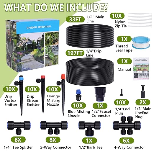 230FT Garden Irrigation System with 40 Nozzles & Emitters, Automatic Watering System with 1/2" & 1/4" Tube and Barbed Fittings, for Raised Beds, Greenhouse, Lawn