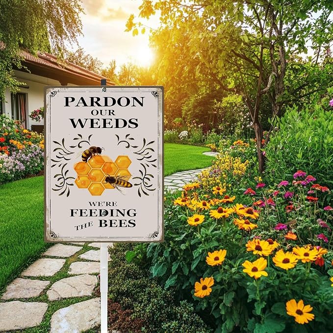 Pardon the Weeds We're Feeding The Bees Yard Sign with Stakes Do Not Mow 8x12 IN Aluminum Lawn Sign Stand for Yard Garden Pollinator Wildflower Save Bee Habitat Sign Outdoor Decorations