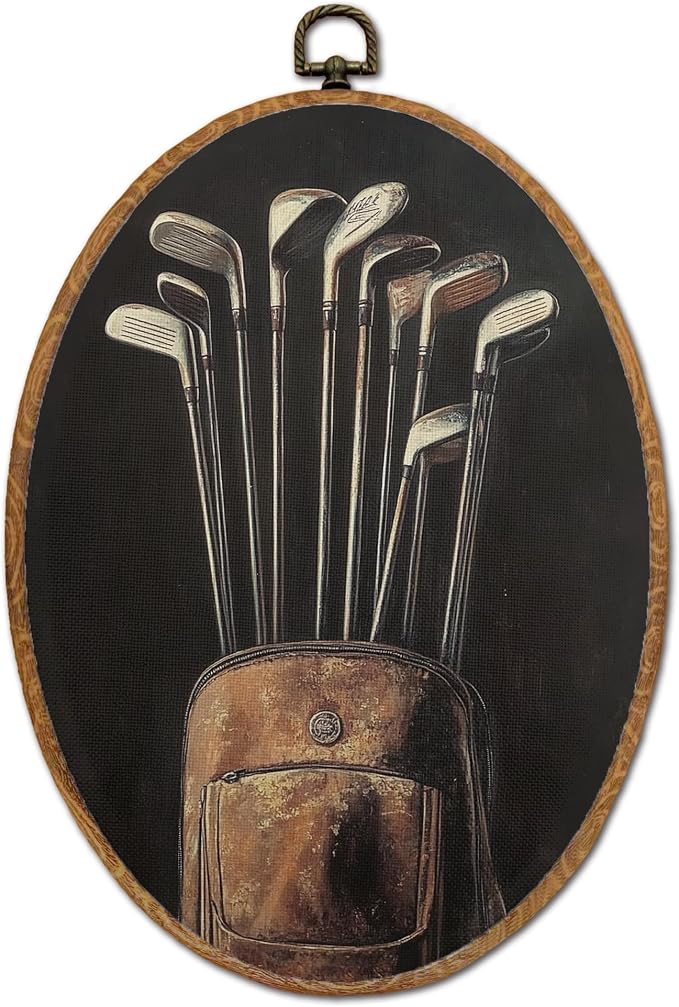 DOFQZ Vintage Golf Oval Wall Art Decor, Rustic Golfer Sports Lover Framed Wall Art, Classic Lover Golfing Canvas Walls Hanging Decor for Home Man Cave Boys Bedroom, 8.6x11.4