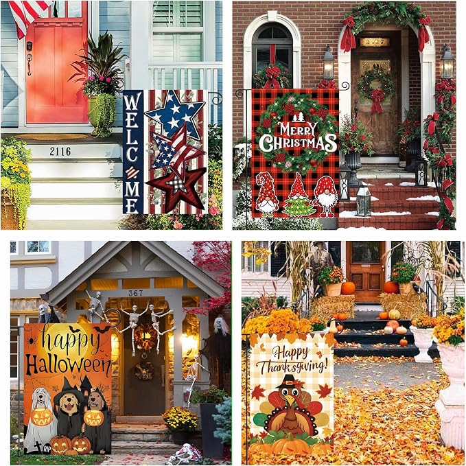 Seasonal Garden Flags Set of 12 Double Sided 12x18 Inch, Small Yard Flags for Outside, Spring Summer Fall Winter & Holiday Outdoor Decor, 4th of July Halloween Christmas Decorations for All Seasons