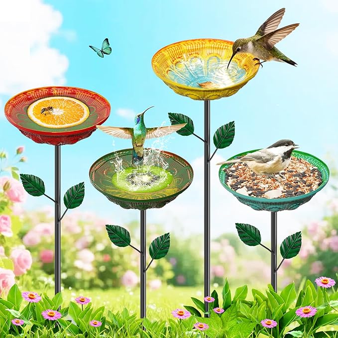 4PCS Flower Bird Baths for Outdoors, 5.9" Metal Hummingbird Bath with Adjustable Stake, Colorful Garden Birdbath Decor Set for Outside Yard Lawn Patio﻿(Datura)