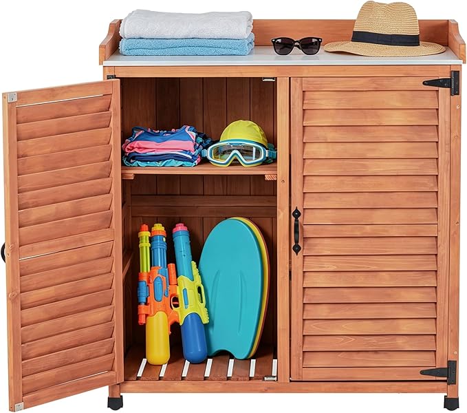 Outdoor Potting Bench with Metal Work Top,Waterproof Garden Storage Cabinet,Wooden Tool Station Shed for Backyard,Patio,Lawn Gardening