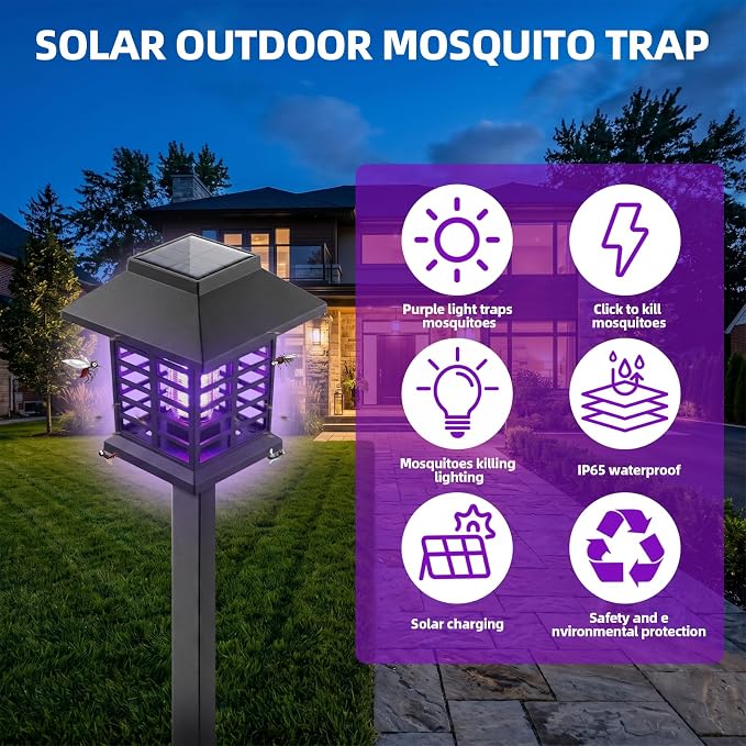 2026 Solar Bug Zapper Outdoor Waterproof Mosquito Repellent Outdoor Patio Mosquito Trap & Killer for Garden, Backyard, Farm, Solar Powered Fly Zapper for Small Flying Insect, Flies, Gnats, Moths(4)