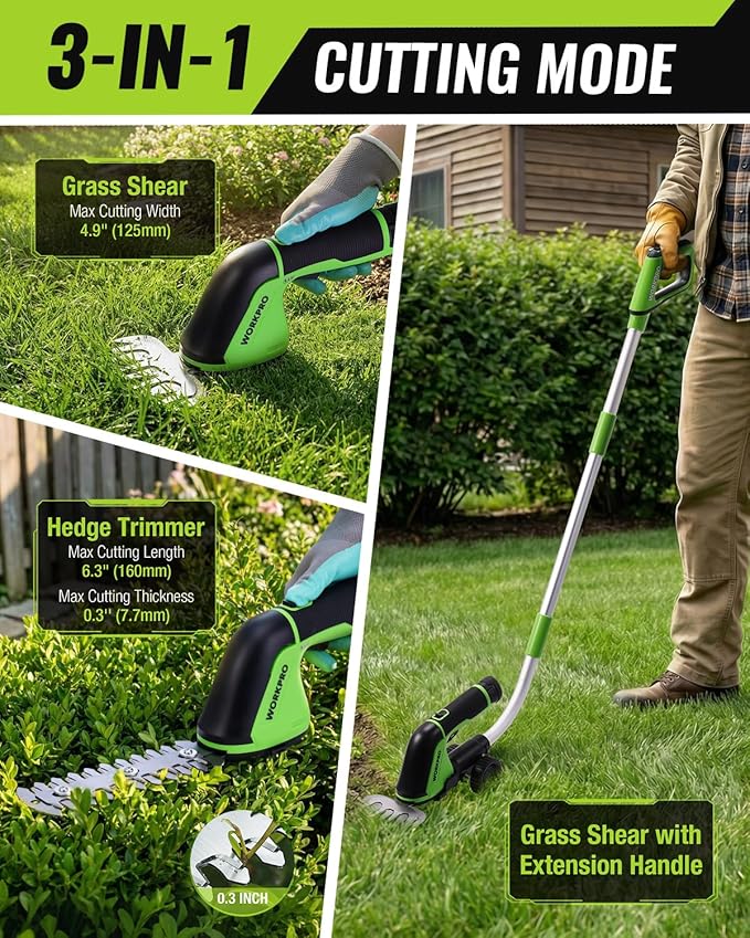 WORKPRO 12V Cordless Grass Shear, 2-in-1 Electric Hedge Trimmer & Grass Cutter, with 37’’ Wheeled Extension Pole, 2.0Ah Battery, 1-Hour Fast Charger, Lightweight Bush Trimmer for Lawn and Garden