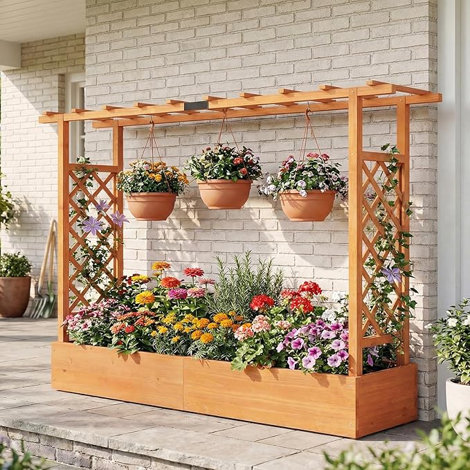 Giantex Wooden Raised Garden Bed with Trellis & Hanging Roof, Fir Wood Planter Box, 45” Freestanding Elevated Garden Bed for Outdoor Climbing Plants Vegetables Flowers, Patio & Balcony, Orange