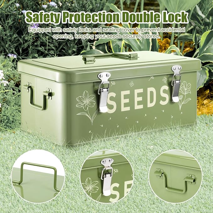 Seed Storage Organizer Box with Dividers, Large Metal Seed Packet Organizer Includes 50 Seed Envelopes, 100 Plant Labels & 50 Plant Clips, Garden Seed Storage Container