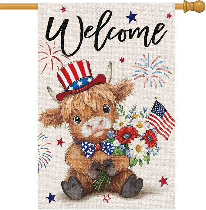 Heyfibro Welcome 4th of July Patriotic Garden Flag 28x40 Double Sided Burlap, Highland Cow with American Flag & Fireworks Yard Banner for Rustic Daisy Independence Day Outdoor Decor
