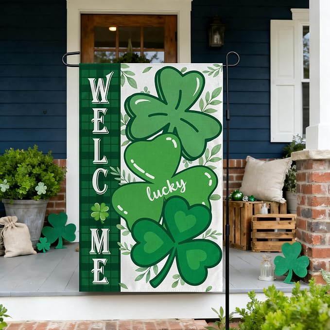 OHOME St Patricks Day Decorations - Shamrock Garden Flags | St Patricks Day Party Favors Supplies Decor Indoor Outdoor - St Patrick's Day Welcome Backdrop Banner for Garden Porch Patio Lawn Yard