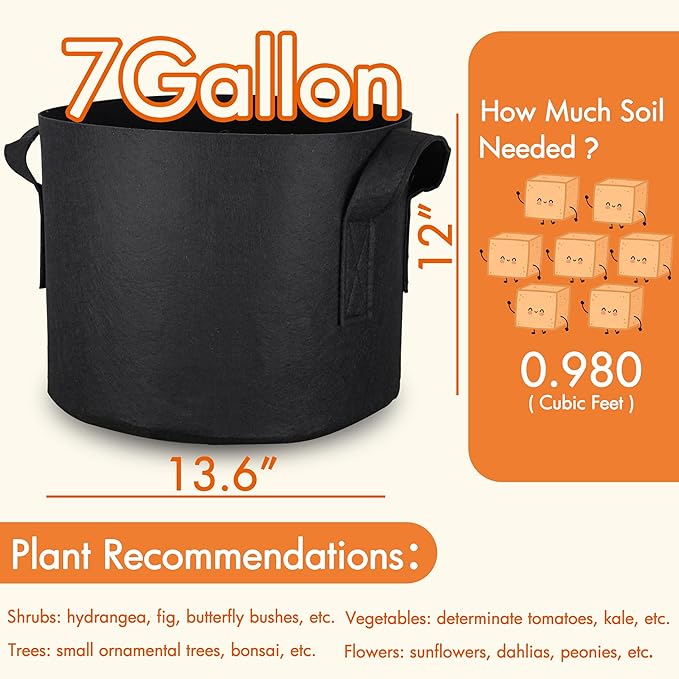 Gardzen 6-Pack 7 Gallon Grow Bags, 500G Thickened Aeration Fabric Pots with Handles, Heavy Duty Cloth Pots for Indoor&Outdoor Use, Black