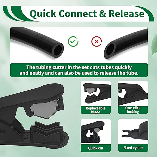 52Pcs 1/4" Drip Irrigation Quick Connect Fittings Kit (12 Couplings, 10 Tees, 12 Elbows, 5 Shut Off Valves, 12 Plugs & Tubing Cutter), Drip Line Connectors for 1/4" Tubing