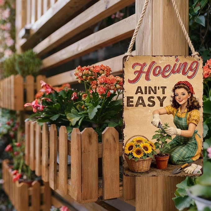 PEACHGARDEN Hoeing Ain't Easy Sign Garden Metal Sign Gardening Gifts for Women Funny Garden Wall Decor for Outdoor Patio Yard Greenhouse 12x16 inch