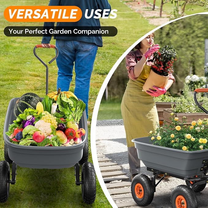 VINGLI Dump Cart Wagon, 600LBS Quick-Release Dump Wheelbarrow, All-Terrain 10" Tires Garden Wagon for Yard, Lawn and Outdoor Use
