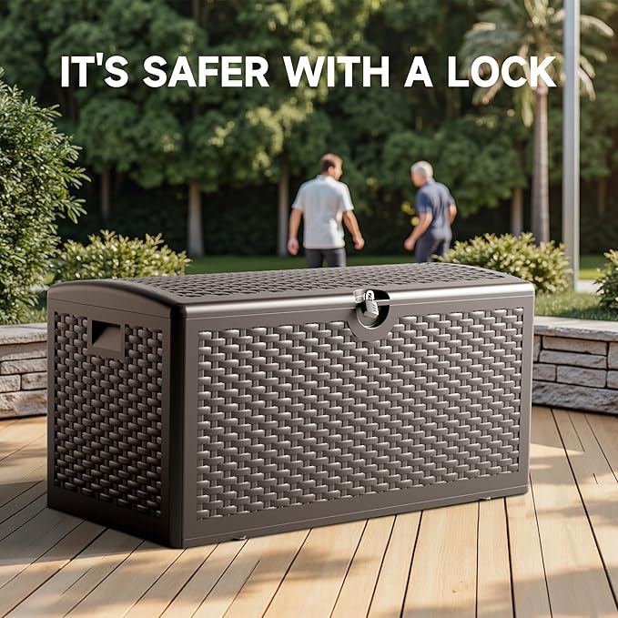 90 Gallon Deck Box, Lockable & Waterproof Resin, UV Resistant Storage Box for Patio, Garden, Pool, Brown