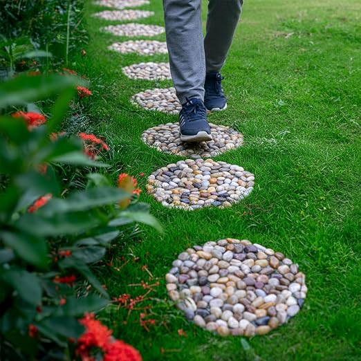 Stepping Stones Outdoor, 12 Inch Natural River Rock Garden Pavers, Set of 6 Round Pebble Stones for Walkway, Yard, Lawn, Patio, Pathway & Landscaping Decor (Roundness)