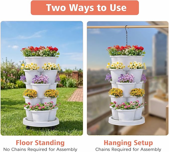 VECELO 5 Tier Vertical Garden Planter, Self Watering Stackable Planters with Wheels for Strawberries, Herbs, Flowers, Vegetables, White