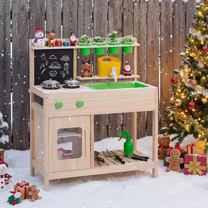 Costzon Mud Kitchen, Wooden Toddler Pretend Cooking Playset w/Runing Water, Blackboard, Water Tank, Faucet, Removable Sink, 4 Planting Pots & Stoves, Outdoor Kids Play Kitchen for Boy, Girl 3+ Years