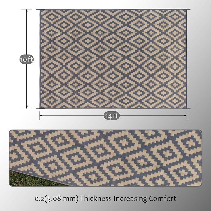 SAND MINE Reversible Mats, Plastic Straw Rug, Modern Area Rug, Large Floor Mat and Rug for Outdoors, RV, Patio, Backyard, Deck, Picnic, Beach, Trailer, Camping (10' x 14', Grey Tan Lattice)